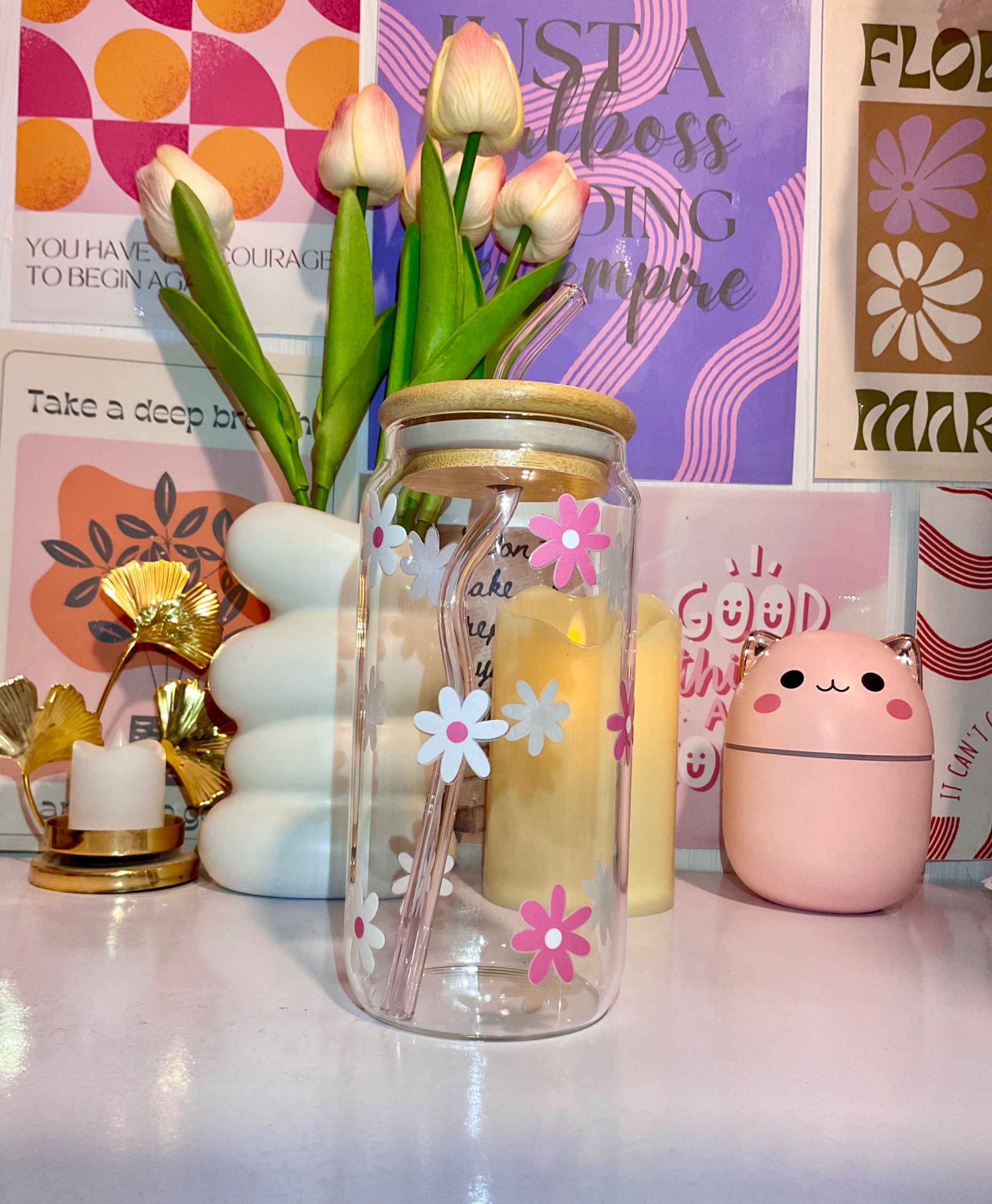 Pink & White Floral Glass Tumbler 550ml