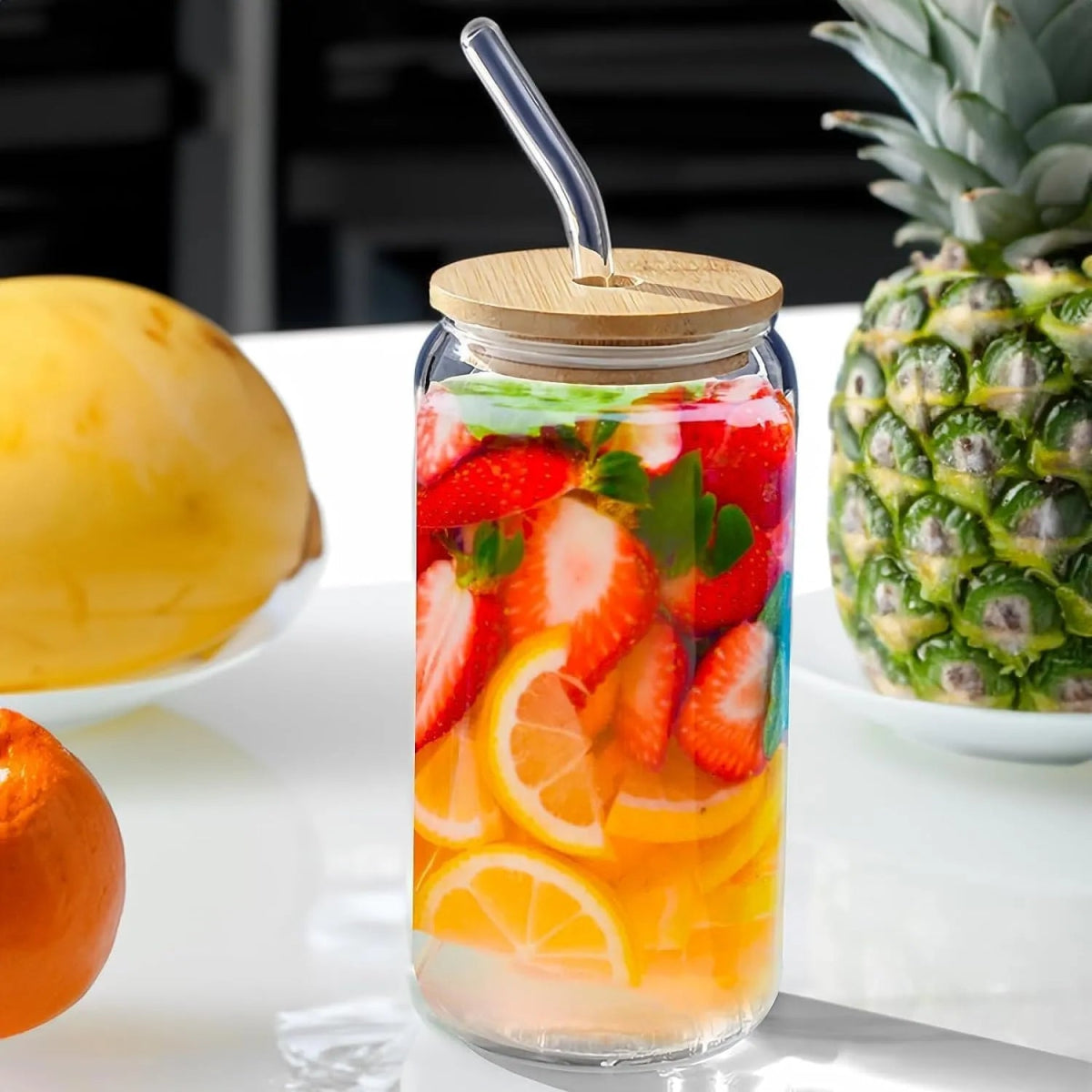 Plain 550ml Glass Tumbler with Bamboo Lid & Glass Straw