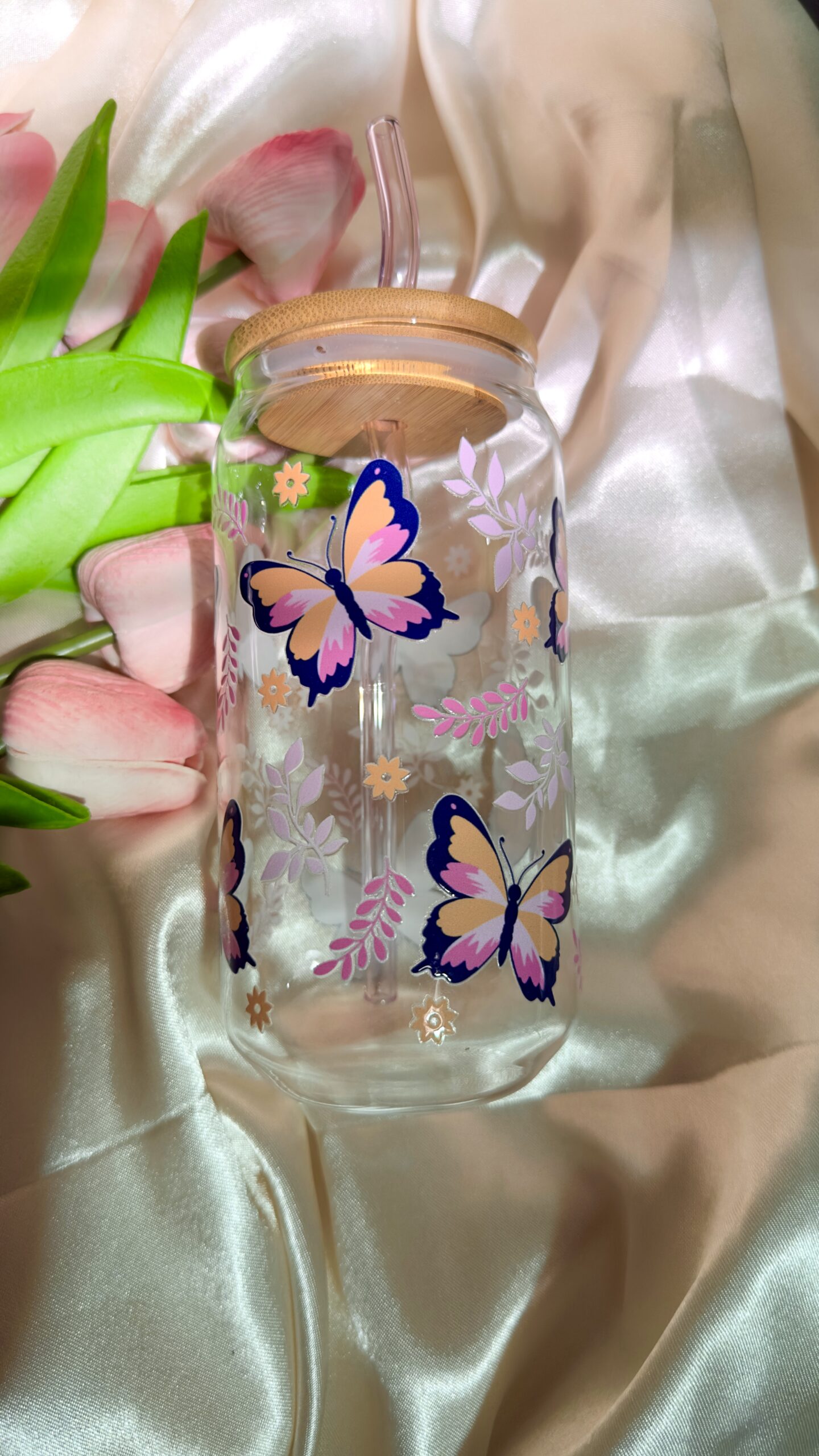 Pink Butterfly Glass Tumbler